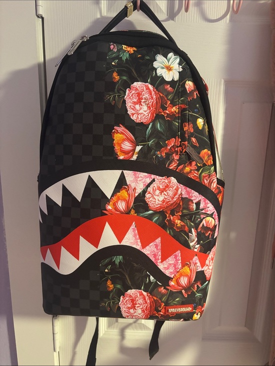 Sprayground Handbags - LIMITED/ sof : Sprayground Black Floral Shark Backpack with Red & White Accent